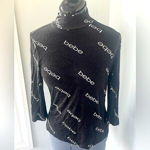 Bebe Sz L Stretchy Allover Logo Second Skin Mock Neck Layering Top 90’s